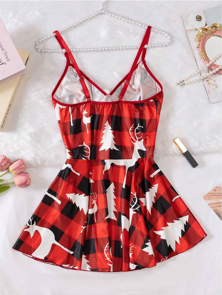 全新性感内衣毛绒圣诞鹿格子连衣裙 - 紅色 - 查看 6