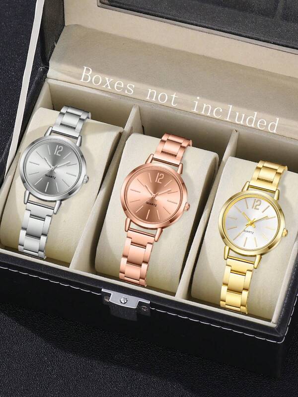 Set de 3 relojes de mujer con tira de acero, estilo de moda casual, esfera circular con escala simple, movimiento de cuarzo, adecuado para uso diario, regalo ideal para amigos en vacaciones