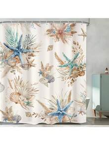 Beach Coastal Nautical Bathroom Shower Curtain Set, Ocean Coral Vintage Sea Horse With 12 Hooks, Fabric Waterproof Accessories Decor