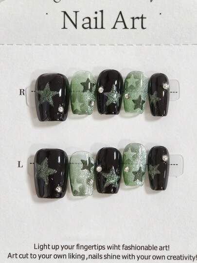10Pcs Hot Girl Y2K Nails Pressing Press On Nails Short Square Style Green Nails Nail Gems Girl Star Cute Nails Hand Wearing Armor Pressing Nail Fake Nails Handmade Press On Nails Nail Supplies Nails