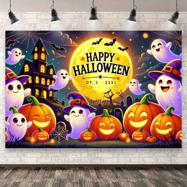 2D Halloween-fotografieachtergrond met pompoenlantaarns en spookdecoraties, geschikt voor Halloween-themafeestdecoratie, fotostudio en evenementenfotografie, huisdecoratie, Halloween-decoratie, herfstdecoratie, kamerdecoratie