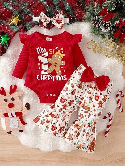 Newborn Baby Girls Cute Round Neck Ruffle Long Sleeve Gingerbread Man "My 1ST Christmas" Print Romper And Gingerbread Man & Christmas Tree All-Over Print Flared Pants With Headband 3 Pieces Set (Suitable For Christmas Outfit)