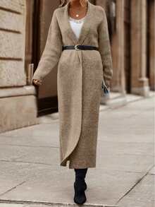 Plus Size Women Fall Winter Long Open Front Knit Cardigan, Long Sleeve Loose Soft Knit Sweater Coat Casual Warm Outerwear - Khaki - View 5