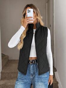 Chaleco acolchado con cremallera y forro de oso de peluche para mujer - Negro y gris - Ver 5