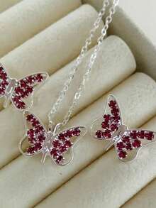 Butterfly Necklace + Earrings Kit With Pink, Colorful, White Zirconia Plated For Women, Gold Plated - Hoa hồng bạc - Xem 2