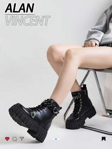 Alan Vincent[Free Returns And Exchanges][Local Delivery][Quick Arrival][Classic Boots Series]New Classic Women's Black Mid-Calf Boots Boots Easy And Comfortable To Wear Women's Platform Boots Suitable For Parties Lace-Up And Zipper Fashionable Style Women's Boots With Love Buttons Rivet Decoration - 黑色 - 查看 4