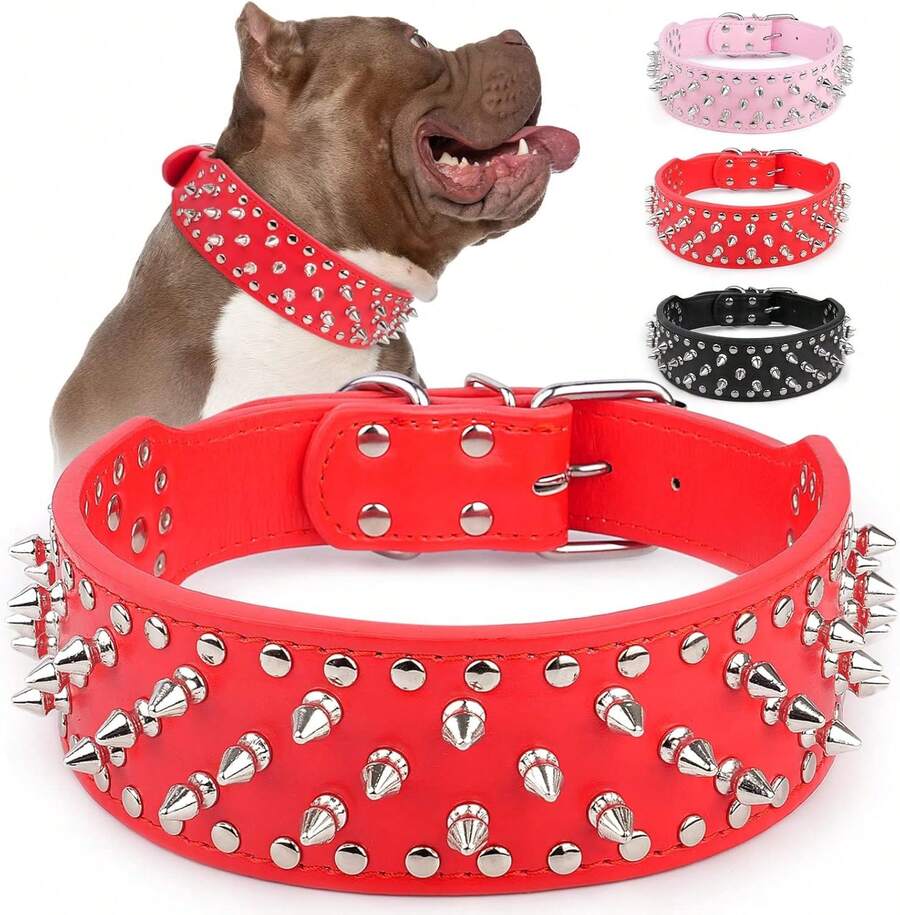 Adjustable Wide Spiked Dog Collar, Mushroom Rivet PU Leather Cat Dog Collars, Durable Spike Studded Pet Collar For Small Medium Large Breed, Pitbull Mastiff Bulldog Pugs Husky Rottweiler, Red,11273571 - 紅色 - 查看 1