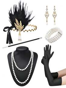 D EXCEED 1/4/6 件女士 1920 年代 Flapper Gatsby 配饰套装万圣节派对 Great Gatsby 女士复古时尚人造羽毛头带发饰新娘头饰表演舞台道具配饰