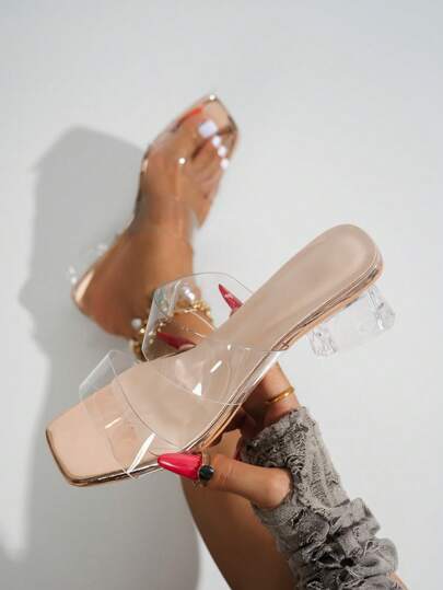 Champagner-farbene High Heel Sandalen für Frauen, transparente PVC-Schuhe, Plateau-Absatz, offene Zehenpartie, modische vielseitige Pantoletten mit quadratischer Zehenpartie, elegante Kristall High Heel Sandalen geeignet für Dates, Riemen-Slide-Sandalen