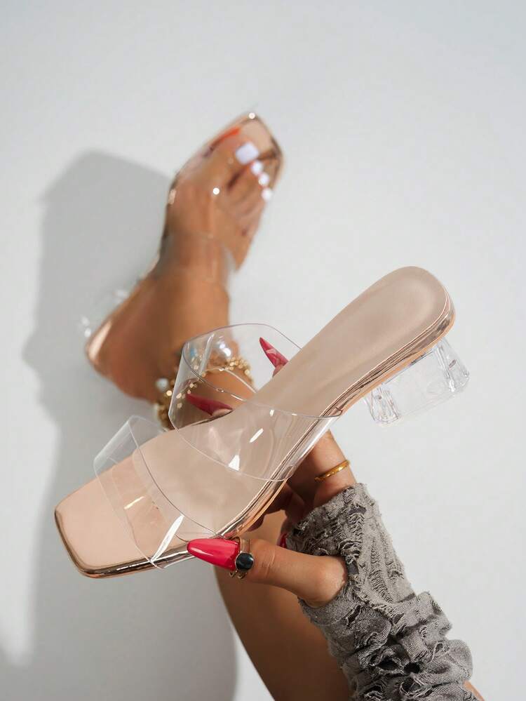 Sandalias de tacón alto color champán, zapatos de PVC transparente, sandalias de tacón grueso de moda versátil con punta cuadrada y slip-on para mujeres, sandalias elegantes minimalistas de tacón alto con cristales, adecuadas para citas - Champán - Añade 1
