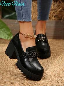 Sapatilhas femininas Foot Flair (tamanho pequeno, compre um número menor) com plataforma, bico redondo e salto grosso, impermeáveis, estilo Oxford vintage plus size em couro PU, pretas, estilo britânico (consulte o guia de tamanhos ao selecionar o seu tamanho). - Preto - Ver 3