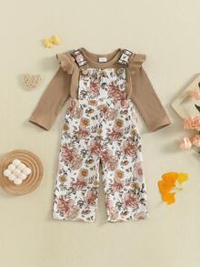 Infant Baby Girls Clothing Set Solid Color Long Sleeve Ribbed Romper With Print Overalls 2Pcs Outfit - màu nâu - Xem 2