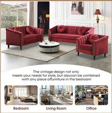 Luxurious Velvet Modern Chesterfield Settee Sofa Upholstered Rolled Arm With Rivets/2 Button Tufted Pillow, Contemporary Microfiber Fabric Couch Set For Living Room.Red-3pcs(Chair + Loveseat + Sofa) - Red-3pcs(chair + Loveseat + Sofa) - View 4