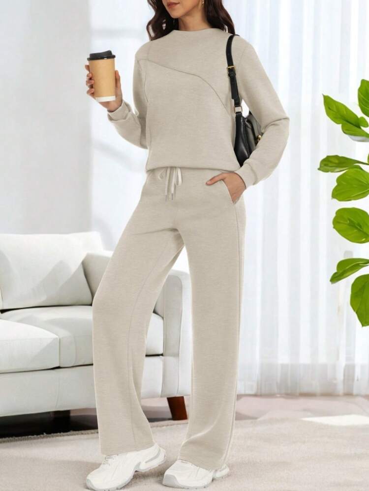 Casly Lamiit Women's 2 Piece Lounge Comfort Set - Boat Neck Sweater & Airy Wide Leg Pants Autumn Travel Casual Clothing - Màu be đậm - Xem 2