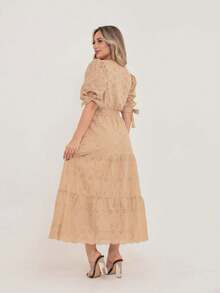 Vestido midi Luxo  lese bordado algodão amarra na manga - Bege - Visão 4