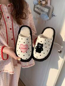 XIXITIAO زوج من الأحذية الداخلية للنساء بتصميم نقاط وقلوب على شكل قطط، سميكة مانعة للانزلاق وفرو دافئ مناسبة للمنزل والحفلات في فصلي الخريف والشتاء