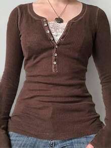 Women Y2k Lace Patchwork Shirt Top Fairycore Lace Trim V Neck Long Sleeve Button Front Slim Fit T Shirts Crop Tops Sping Fall Going Out Tee Tops Teen Girls Vintage Aesthetic Grunge Clothes Casual Tunic Top Blouse Streetwear - 棕色 - 查看 2