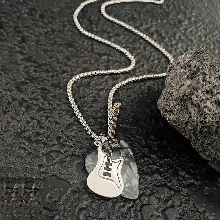 Rock Style Guitar Pick Necklace Men Niche Design Personality Disco-Hop Couple Pendant Accessories Women - 紅色撥片 黑色吉他 70cm珍珠鍊 - 查看 4
