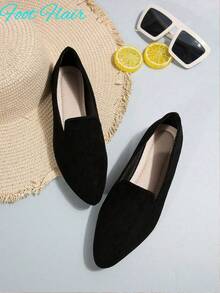 Sapatilhas femininas Foot Flair, sapatos baixos elegantes de camurça sintética com bico fino, adequados para o deslocamento diário, mocassins casuais pretos de cor sólida - Preto - Ver 8
