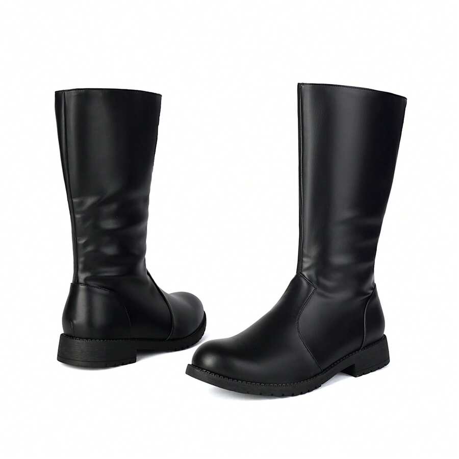 2025 Men's High-Top Leather Riding Boots & COSPLAY & Side Zipper Simple Men's Boots Round Toe Rubber Thick Sole Tall Boots & Black & Chocolate Brown - Black - View 1