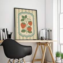 1pc Frameless Vintage Strawberry Wall Art Folk Fruit Poster With Sage Stripe, Rustic Kitchen Decor Print For Bedroom & Dorm | Botanical Posters, Back To School, Retro Room Decor, Funky Farmhouse Aesthetic - Multicolor - View 4