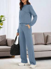 Casly Lamiit Women's 2 Piece Lounge Comfort Set - Boat Neck Sweater & Airy Wide Leg Pants Autumn Travel Casual Clothing - Blue Grey - 查看 4