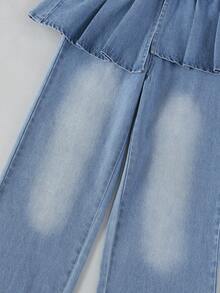 1pc Girls' Fashionable Casual Versatile Pleated Patchwork Denim Skirt Pants - Medium Wash - View 7