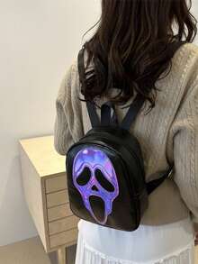 时尚撞色骷髅印花PU大容量拉链休闲百搭背包，适合女性万圣节使用 - 紫色 - 查看 5