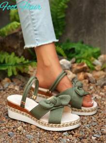 Foot Flair 加大码女式蝴蝶装饰露趾两穿帆布厚底坡跟凉鞋，波西米亚海滩度假风格，百搭春夏季款，绿色