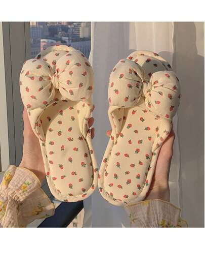 XIXITIAO 1 Pair Cute Strawberry Bow Slip-On Slippers, Quiet Linen Indoor Slippers For Women, Soft Sole Breathable House Shoes For All Seasons