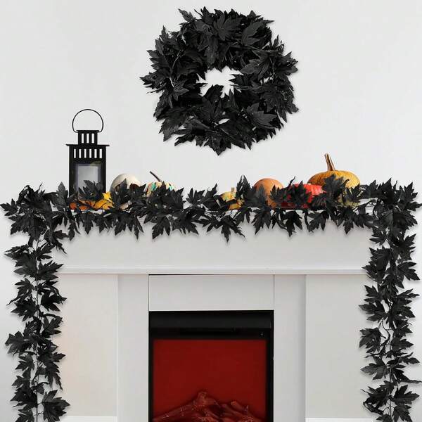 1pc Black Halloween Fall Maple Garland Artificial Hanging Fall Leave Vines Garland Autumn Decor For Thanksgiving Home Wedding Party Artificial Hanging Fall Leave Vines Garland Autumn Decor For Thanksgiving Home Wedding Party Realistic Halloween Hanging Fall Leaves Vines, Artificial Decorations