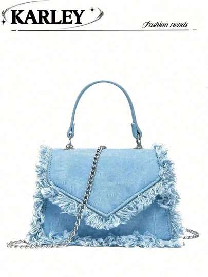 Fashionable Tie-Dye Style Solid Color Casual Denim Effect Fringe Detail Flap Design Chain Decor Handbag With Detachable Metal Chain Strap, Suitable For Dates, Parties, Cosmetics Storage, Outdoor Accessories And More