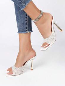 Damen Weiße Quadratische Zehenschlüpfer Stiletto Absatz Sandalen, Elegant für Hochzeit, Party, Sophisticated und Modisch Hoher Absatz Kleid Sandalen - Weiss - Übersicht 2