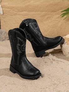 1 双儿童刺绣纯黑色西部牛仔靴，适合所有季节 - 黑色 - 查看 4