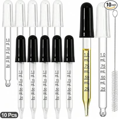 10Pcs Eye Dropper With Durable Rubber Head, 1ml Glass Dropper, Liquid Droppers For Oils, Eye Droppers For Medicine, Precise Pipette Droppers For Crafts, Essential Oil, Food