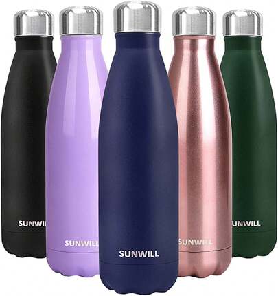 SUNWILL Metal Bottle Stainless Steel 500ml, Insulated Reusable Thermal Flask Cold And Hot Drink, Travel, Sports, Gym