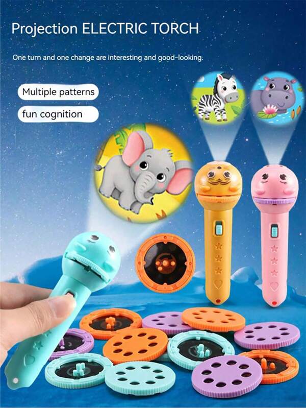 3+ Years Old 40/80 Pattern Plastic Projection Flashlight, Cute Random Pattern Projection Lamp, Suitable For Home Use, Toys And Gifts For 3-10 Years Old Boys And Girls (Pink, Green, Yellow), School Supplies, Children Toys, Gifts, Includes Batteries, Beware Of Small Parts