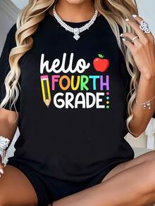 Hello Fourth Grade 4th Grade Back To School Teacher Kid-Shirt  Round Neck Summer Tops-Shirt Women - Black - View 1