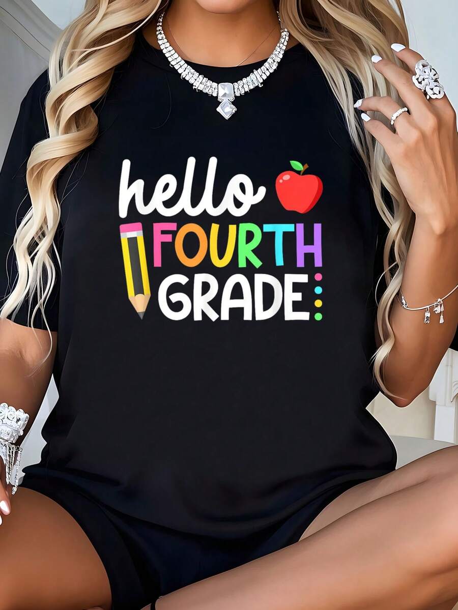 Hello Fourth Grade 4th Grade Back To School Teacher Kid-Shirt  Round Neck Summer Tops-Shirt Women - Black - View 1