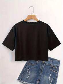 Jamaica Flag Print Casual Crop Top, Crew Neck Short Sleeve Loose T-Shirt For Spring & Summer, Women's Clothing - 黑色 - 查看 2