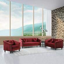 Luxurious Velvet Modern Chesterfield Settee Sofa Upholstered Rolled Arm With Rivets/2 Button Tufted Pillow, Contemporary Microfiber Fabric Couch Set For Living Room.Red-3pcs(Chair + Loveseat + Sofa) - Red-3pcs(chair + Loveseat + Sofa) - View 6