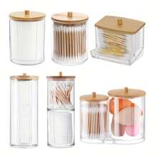 1 pieza Soporte acrílico para hisopos con tapa de bambú, dispensador pequeño transparente para hisopos, soporte plástico para palillos para los oídos, recipiente de almacenamiento para mondadientes, organizador decorativo de encimera para baño