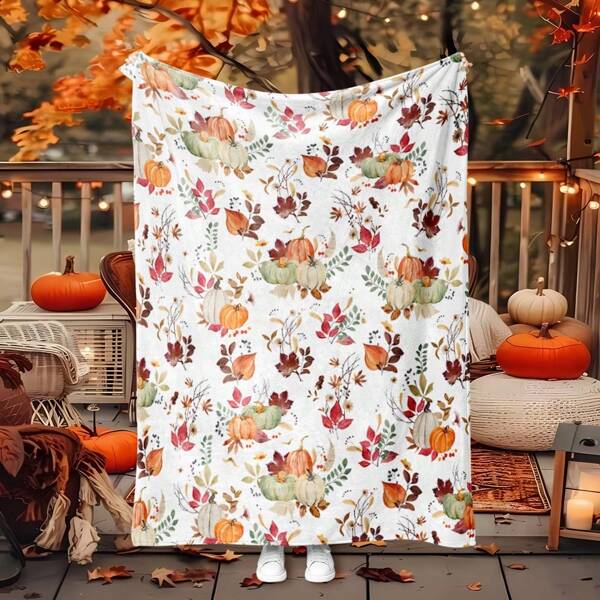 1pc Thanksgiving Fleece Blanket With Pumpkin Pattern, Plush Flannel Throw Blanket For Autumn, Super Soft Thanksgiving Gift Blanket, Holiday Decor & Gift Choice, Suitable For Living Room, Bedroom, Office, Camping, Party, Gift For Family And Friends, Nap Blanket | Sofa Throw | Air Conditioning Blanket, Multiple Sizes Available, White Blanket