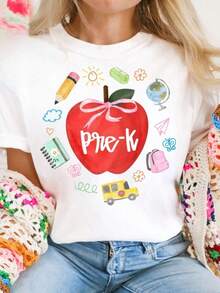 Pre-K Teacher Shirt Preppy Apple Bow Coquette Whimsical Back To School T-Shirt Teacher Teams Tee Appreciation Gift Shabby - 白色 - 查看 1