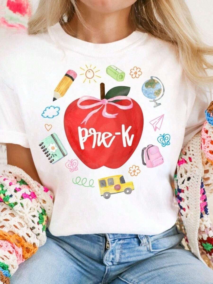 Pre-K Teacher Shirt Preppy Apple Bow Coquette Whimsical Back To School T-Shirt Teacher Teams Tee Appreciation Gift Shabby - 白色 - 查看 1