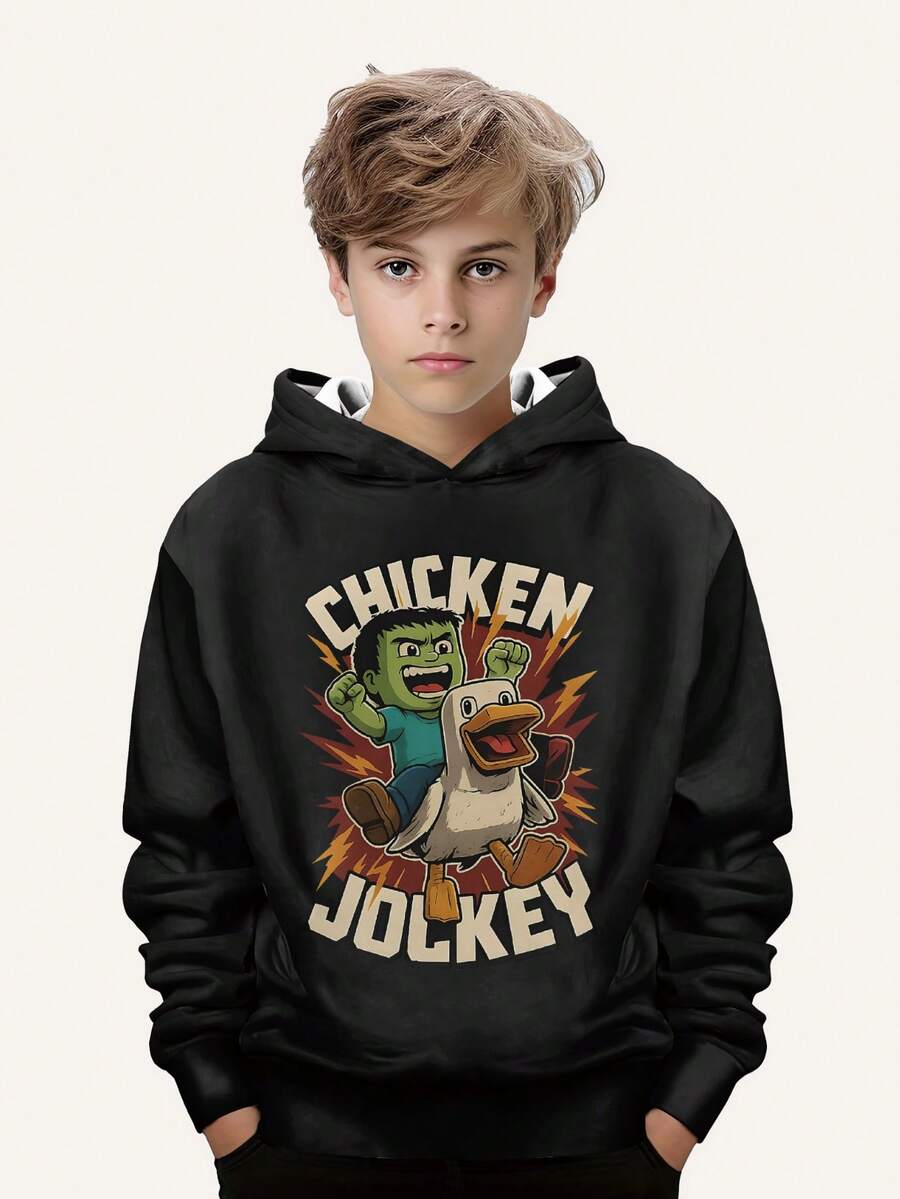 男童时尚印花休闲连帽衫 - 长袖、圆领套头衫，适合春秋季节，酷炫图案印花