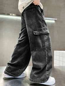 青少年男童休闲直筒裤、百搭时尚工装裤、宽松阔腿裤