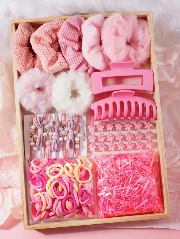 429pcs/Set Comprehensive Pink Hair Accessories Set, Includes Fluffy Scrunchies, Faux Pearl Hair Ties, Flower Hair Clips And Numerous Hair Elastics - Suitable For Girls And Women, Fluffy Scrunchies Are Adorable, Faux Pearl Hair Ties Are Elegant, Flower Hair Clips Come In Versatile Styles, Perfect For Ponytails, Braids, And Styling For Daily, Date