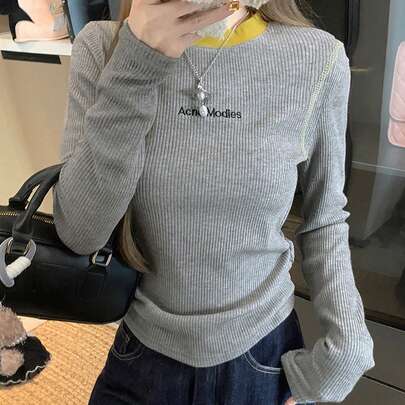 여성을 위한 레터 자수 컬러 블록 라운드넥 긴소매 티셔츠, 간절기용 피티드 캐주얼 탑