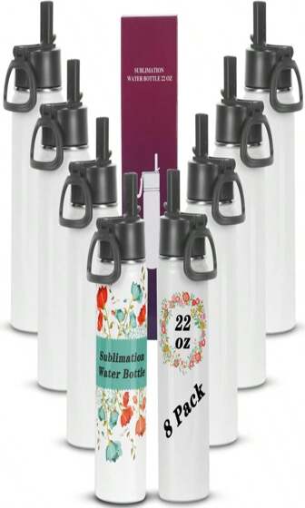 Draheri Sublimation Sports Water Bottle Blanks, 22 Oz Sublimation Tumblers, Double Wall Stainless Steel Sports Water Bottle Flask With Portable Handle, Individually Boxed (8 Pack)